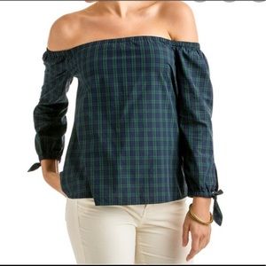 Vineyard Vines Plaid Off Shoulder Flowy Blouse.